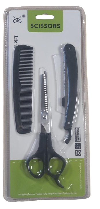 SET DE PELUQUERIA X 3 PZAS.-  TIJERA + NAVAJA + PEINE
