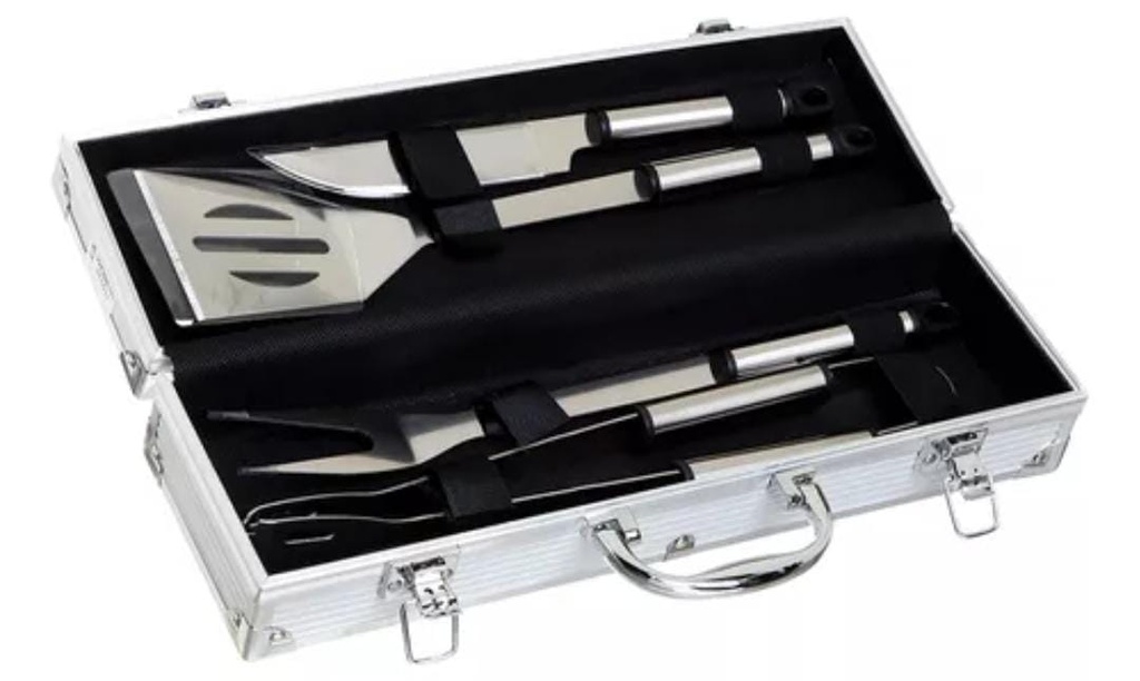 SET PARRILLA 4 PZAS. -CUCHILLO + TENEDOR + PINZA + ESPATULA